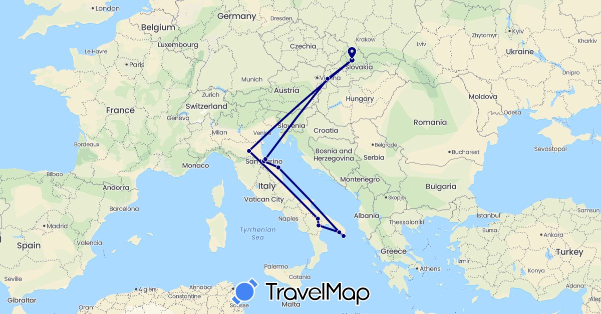 TravelMap itinerary: driving in Italy, Slovakia, San Marino (Europe)